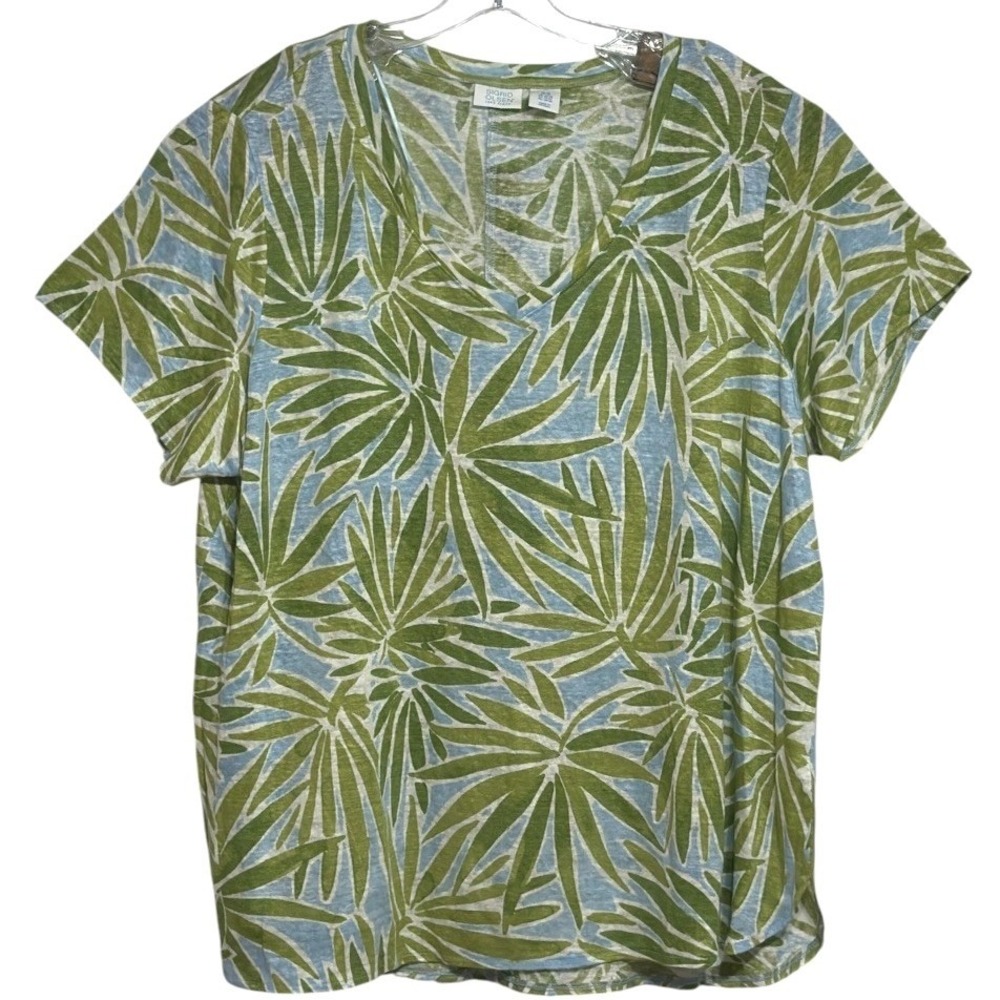 Sigrid Olsen T-Shirt Women Blue Green Palm Leaf Linen V-Neck Tropical Resort 3XL
